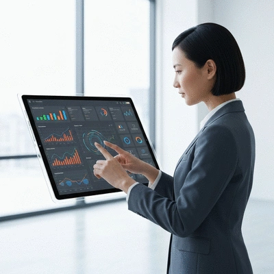 Person interacting with data visualization on a tablet, illustrating efficient and customized experience