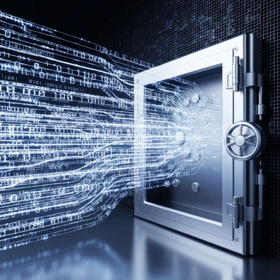Abstract representation of data flowing into a secure server, symbolizing data collection and privacy