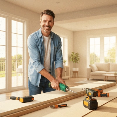 Happy homeowner working on a DIY home remodeling project using tools