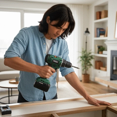 Person using a cordless drill kit to assemble furniture in a modern living room