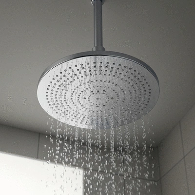 Close-up of a luxurious rain showerhead in a modern bathroom