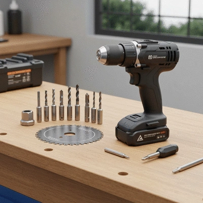 Cordless drill kit with various attachments and accessories laid out on a workbench