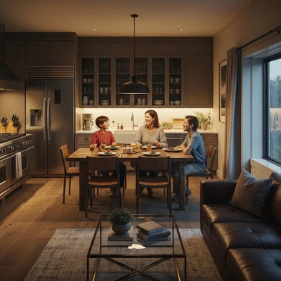 Family enjoying a cozy kitchen space with warm lighting and modern appliances