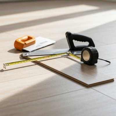 Close-up on laminate flooring installation tools like a saw, tape measure, and cutter on a clean floor
