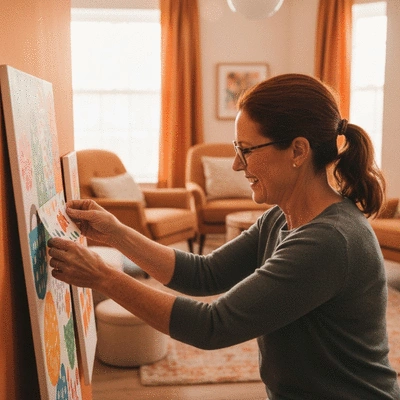 Person arranging DIY wall art in a cozy living room