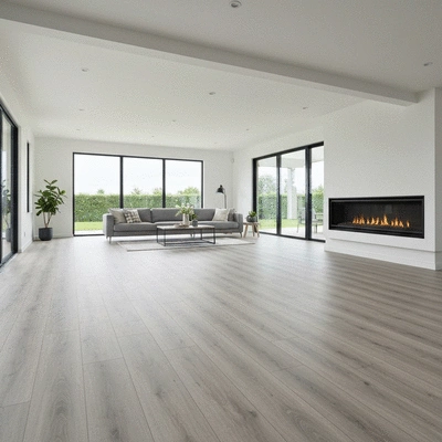 Modern home interior with newly installed laminate flooring, clean and bright aesthetic