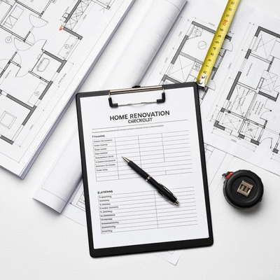 Detailed home renovation checklist on a clipboard with a pen, surrounded by blueprints and measuring tape, no text, no words, no typography, clean image