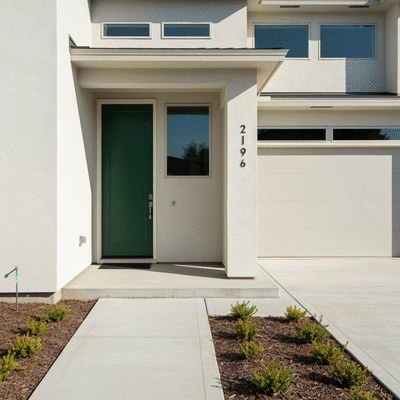 Modern home with a deep green front door, clean architecture, natural light, no text, no words, no typography, clean image