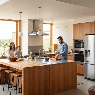 Modern kitchen with defined zones, warm lighting, and natural materials