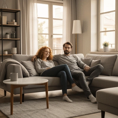 Couple relaxing in a newly renovated living room, enjoying their new space, modern and cozy atmosphere, no text, no words, no typography, clean image