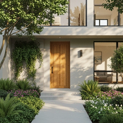 Eco-friendly modern home with a front door made of sustainable materials, lush green landscaping, natural lighting, no text, no words, no typography, clean image