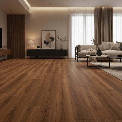Modern living room with wood-look flooring and a cozy, warm ambiance, no text, no words, no typography, 8K